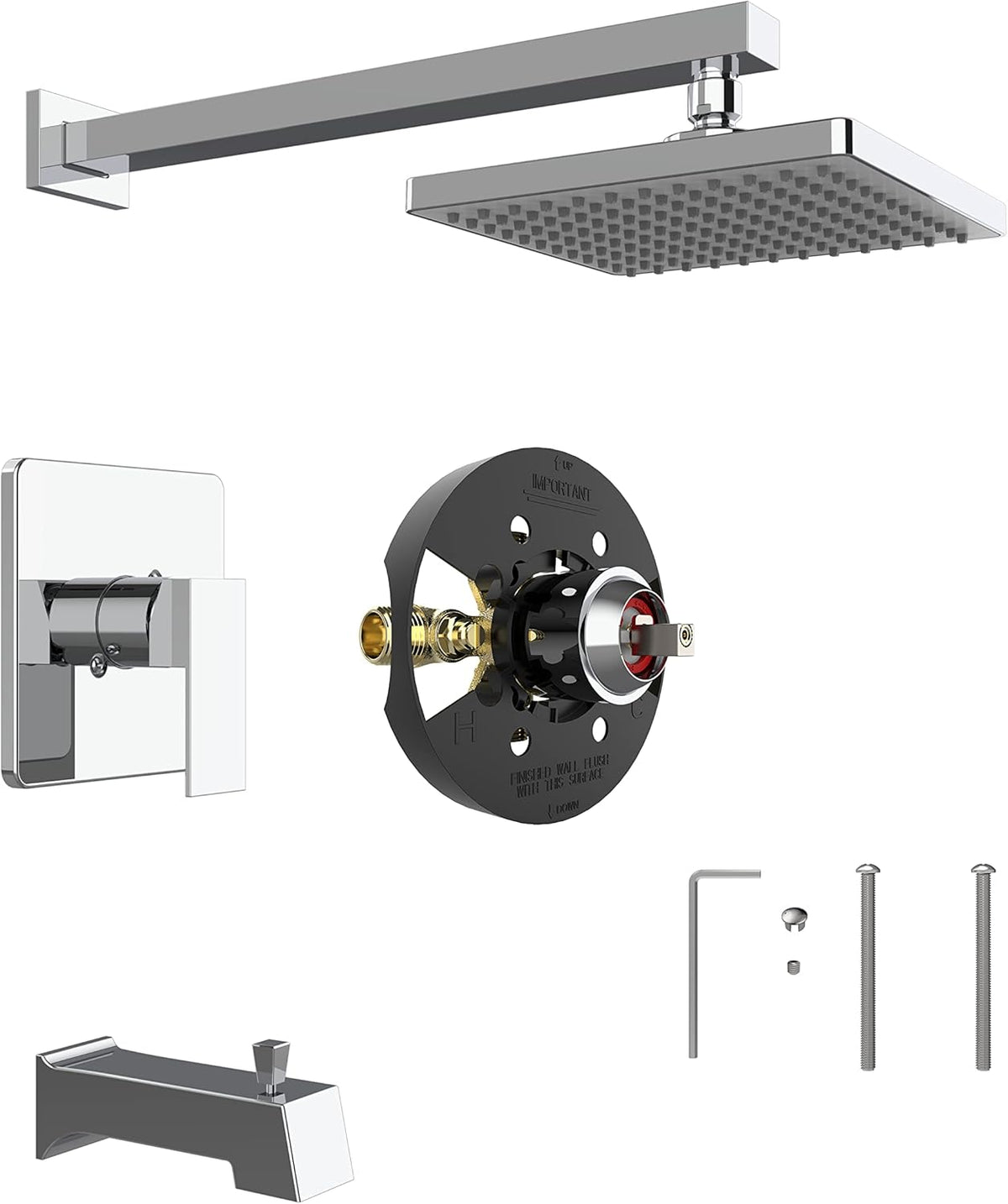 ROOMTEC Shower Tub Kit, Tub and Shower Faucet Set with Single-Spray Shower Head and Tub Spout, Single-Handle Tub and Shower Trim Kit, Chrome (Valve Included)