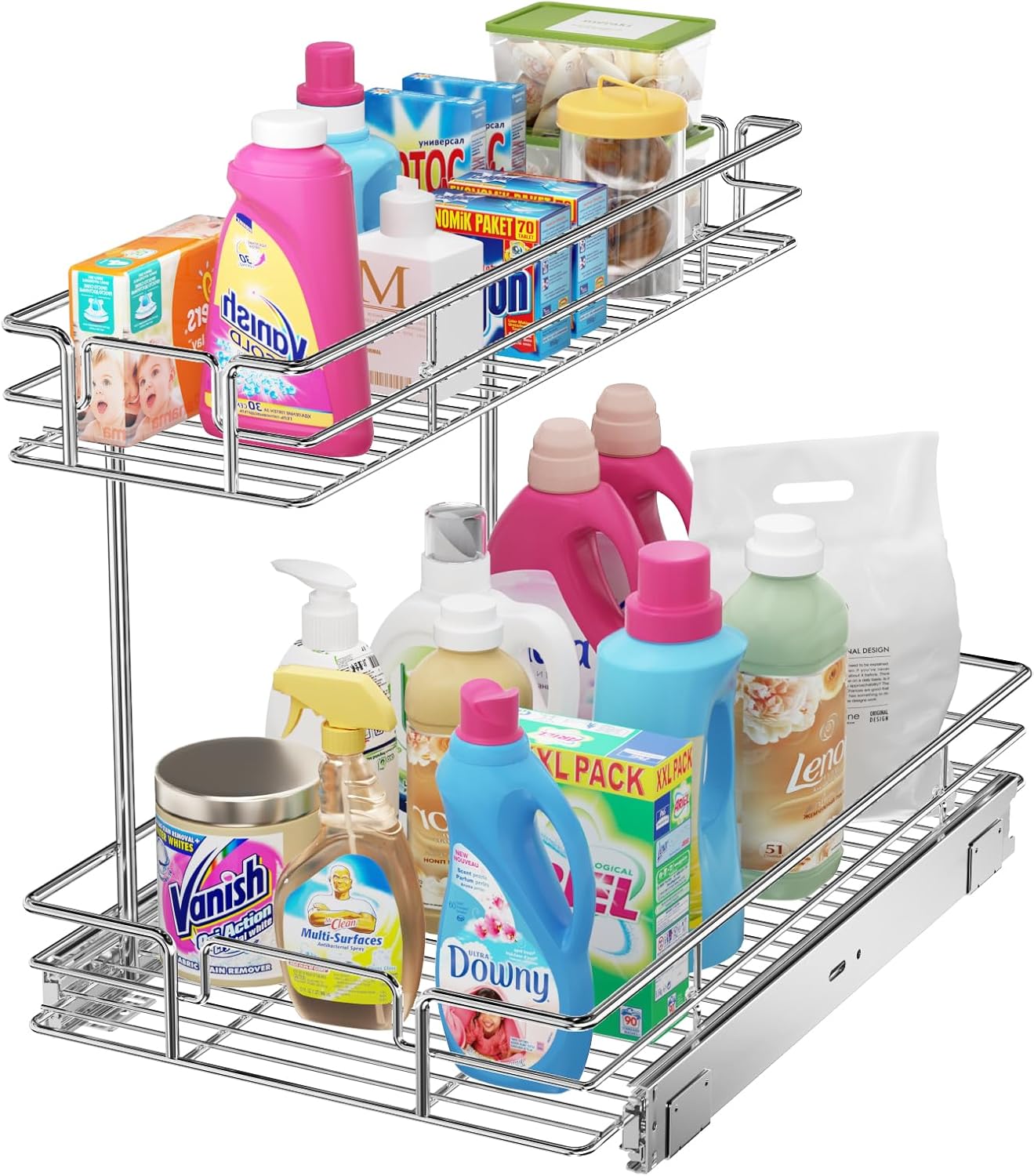 ROOMTEC 2 Tier Pull Out Cabinet Organizer 10.5" W x 21.5" D Slide Out Under Sink Organizer Sliding Wire Shelves Storage for Kitchen Bathroom Cabinets