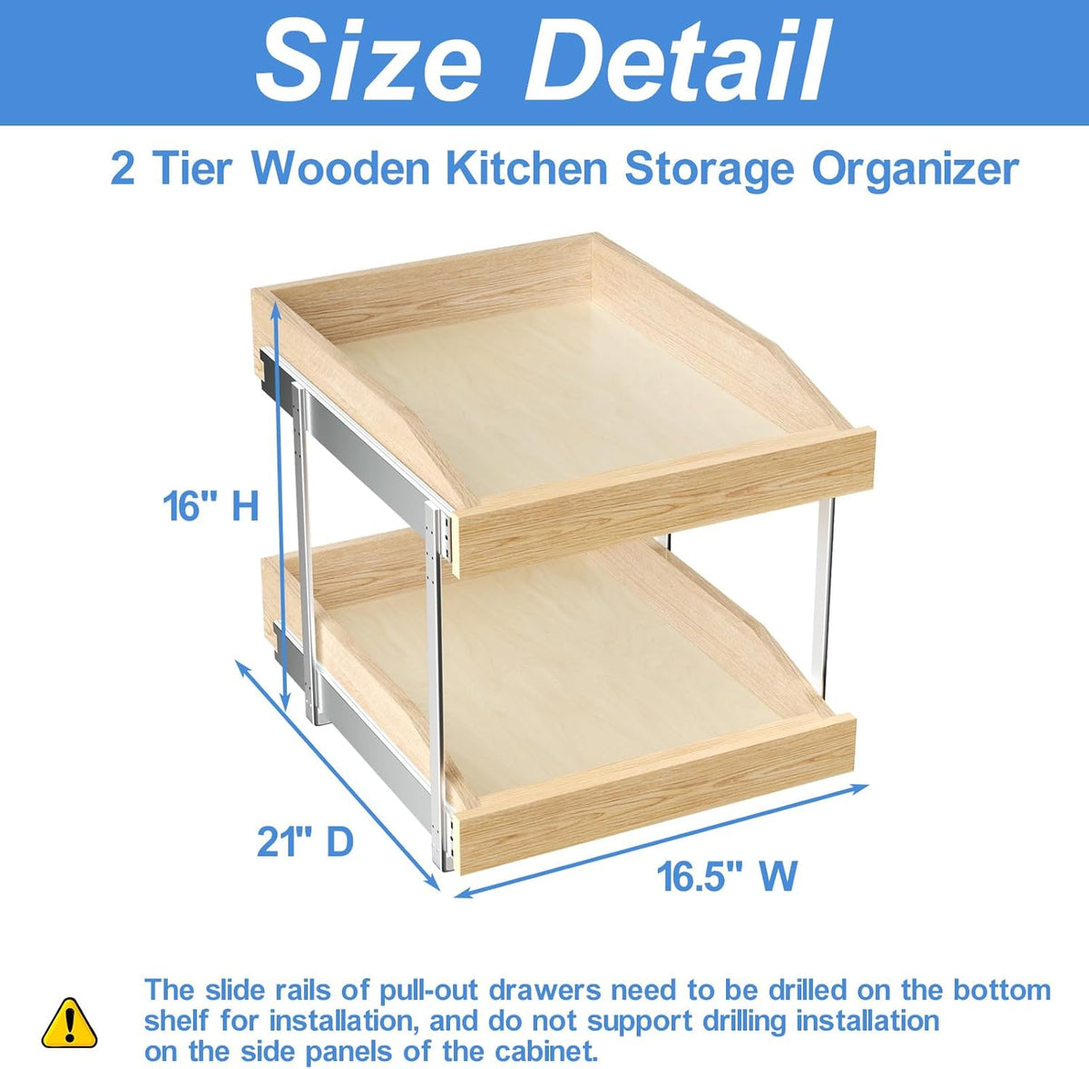 ROOMTEC 2 Tier Pull Out Cabinet Organizer, Double Tier Slide Out Wood Cabinet Organizer with U Bracket, Pull Out Drawers for Base Cabinet Organization in Kitchen, Pantry(13½"W x 21" D)