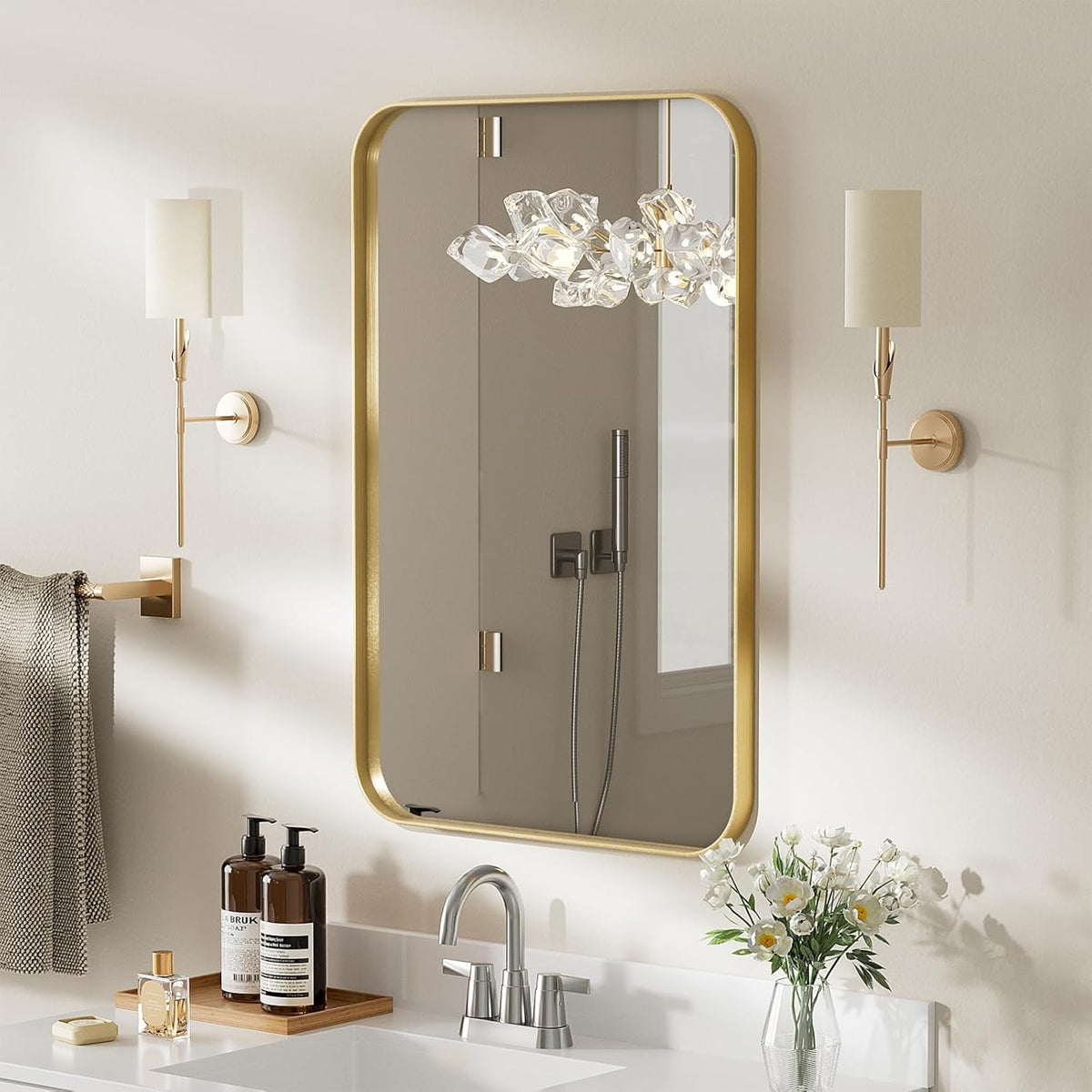 ROOMTEC Gold Bathroom Mirrors for Wall, 20X30 Inch Rounded Rectangle Mirror, Gold Bathroom Vanity Mirror, Metal Framed Wall-Mounted Mirror,Tempered Glass,（Horizontally or Vertically