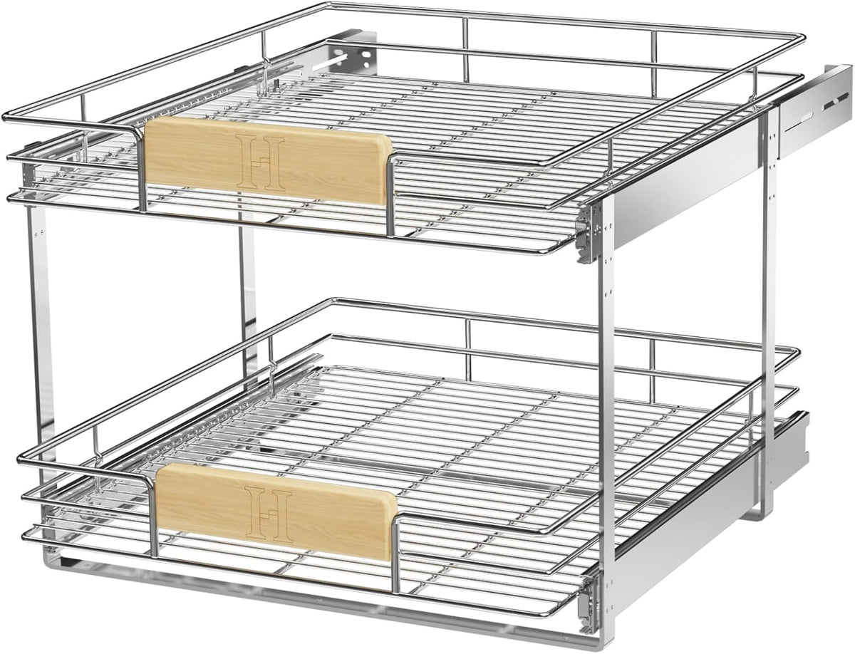 ROOMTEC  2 Tier Pull Out Cabinet Organizer 10½" W x 21½" D, Slide Out Drawers with Wooden Handle, Sliding Shelves Organization and Storage for Kitchen, Pantry