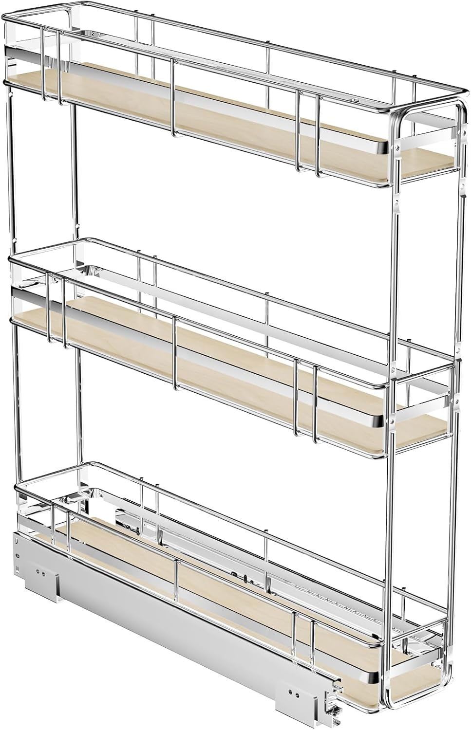 ROOMTEC 3-Tier Pull Out Cabinet Organizer Spice Rack for Narrow Cabinet Slide Out Wood Shelves Storage for Kitchen