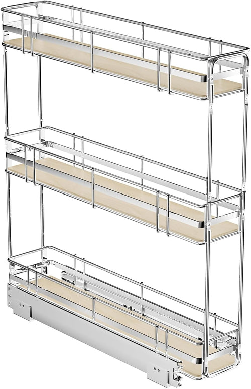 ROOMTEC 3-Tier Pull Out Cabinet Organizer Spice Rack for Narrow Cabinet Slide Out Wood Shelves Storage for Kitchen