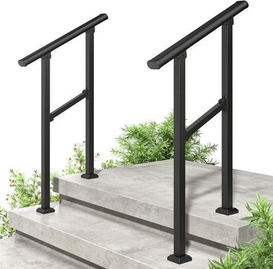 ROOMTEC 2 Pack 2 Step Handrails for Outdoor Steps, Safety Outdoor Hand Rails for Exterior Steps, Black Wrought Iron Stair Railing Kit (1-2 Steps Handrail)