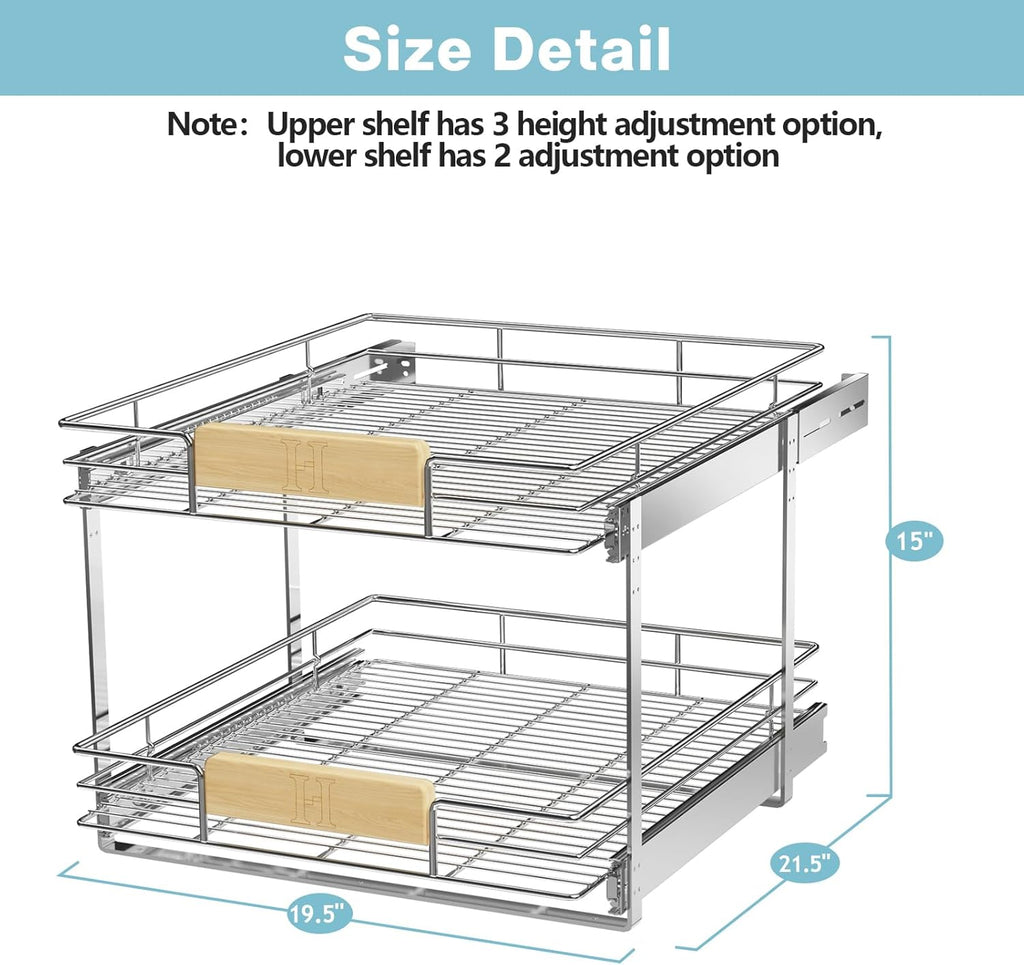 ROOMTEC  2 Tier Pull Out Cabinet Organizer 10½" W x 21½" D, Slide Out Drawers with Wooden Handle, Sliding Shelves Organization and Storage for Kitchen, Pantry