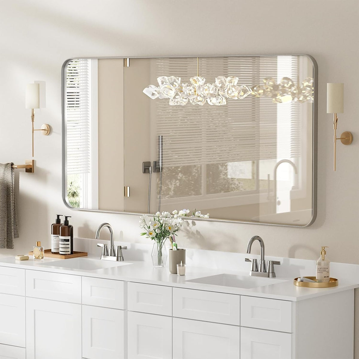 ROOMTEC Gold Bathroom Mirrors for Wall, 20X30 Inch Rounded Rectangle Mirror, Gold Bathroom Vanity Mirror, Metal Framed Wall-Mounted Mirror,Tempered Glass,（Horizontally or Vertically