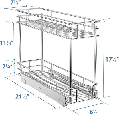 ROOMTEC Pull Out Spice Rack for Narrow Cabinet (5½" W X 21" D),2 Tier Slide Out Cabinet Organizer and Pull Out Shelves Under Cabinet Storage for Kitchen, Chrome