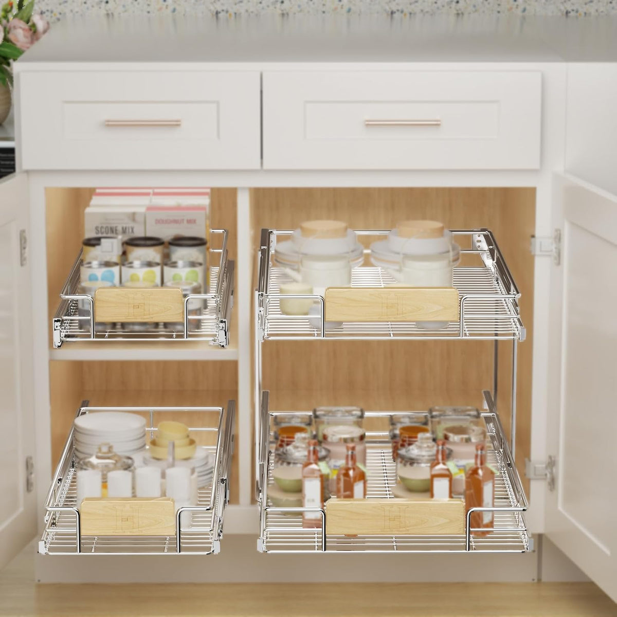 ROOMTEC  2 Tier Pull Out Cabinet Organizer 10½" W x 21½" D, Slide Out Drawers with Wooden Handle, Sliding Shelves Organization and Storage for Kitchen, Pantry