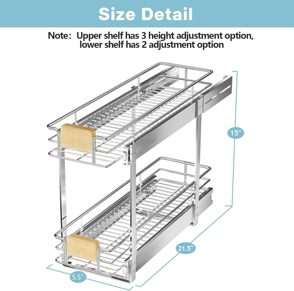 ROOMTEC 2 Tier Pull Out Cabinet Organizer 10½" W x 21½" D, Slide Out Drawers with Wooden Handle, Sliding Shelves Organization and Storage for Kitchen, Pantry