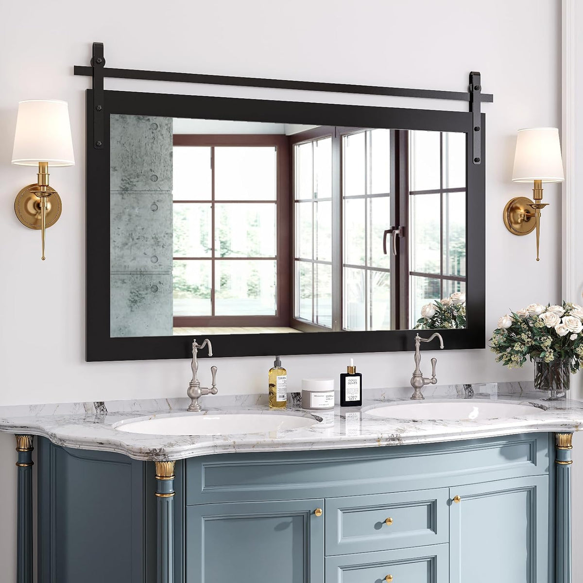 ROOMTEC Farmhouse Mirror, Rustic Mirror 26X40 Inch Rustic Wood Framed Wall Mirror Rectangle Decorative Mirror for Bathroom, Living Room, Entryway, Bedroom Wall Decor (White)