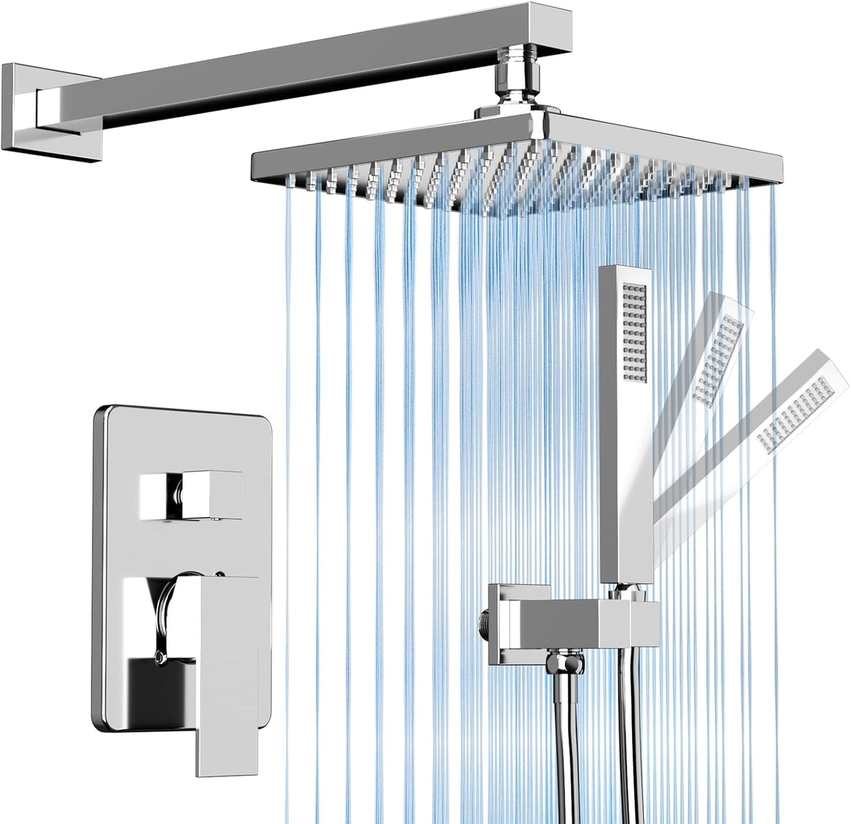 ROOMTEC Rainfall Shower System High Pressure 8 inch Shower Head Hand Held Shower Head Bathroom Luxury Rain Mixer Shower Complete Combo Set Wall Mounted, Chrome (Valve Included)