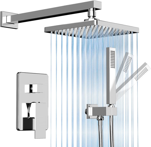 ROOMTEC Rainfall Shower System High Pressure 8 inch Shower Head Hand Held Shower Head Bathroom Luxury Rain Mixer Shower Complete Combo Set Wall Mounted, Chrome (Valve Included)