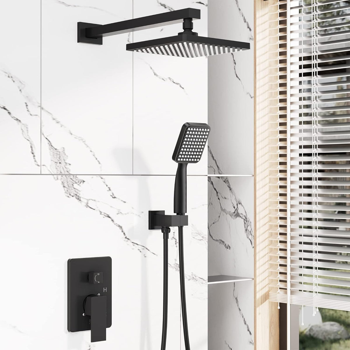 ROOMTEC Rainfall Shower System Matte Black with High Pressure 8 inch Shower Head Hand Held Shower Head Bathroom Luxury Rain Mixer Shower Complete Combo Set Wall Mounted (Valve Included)