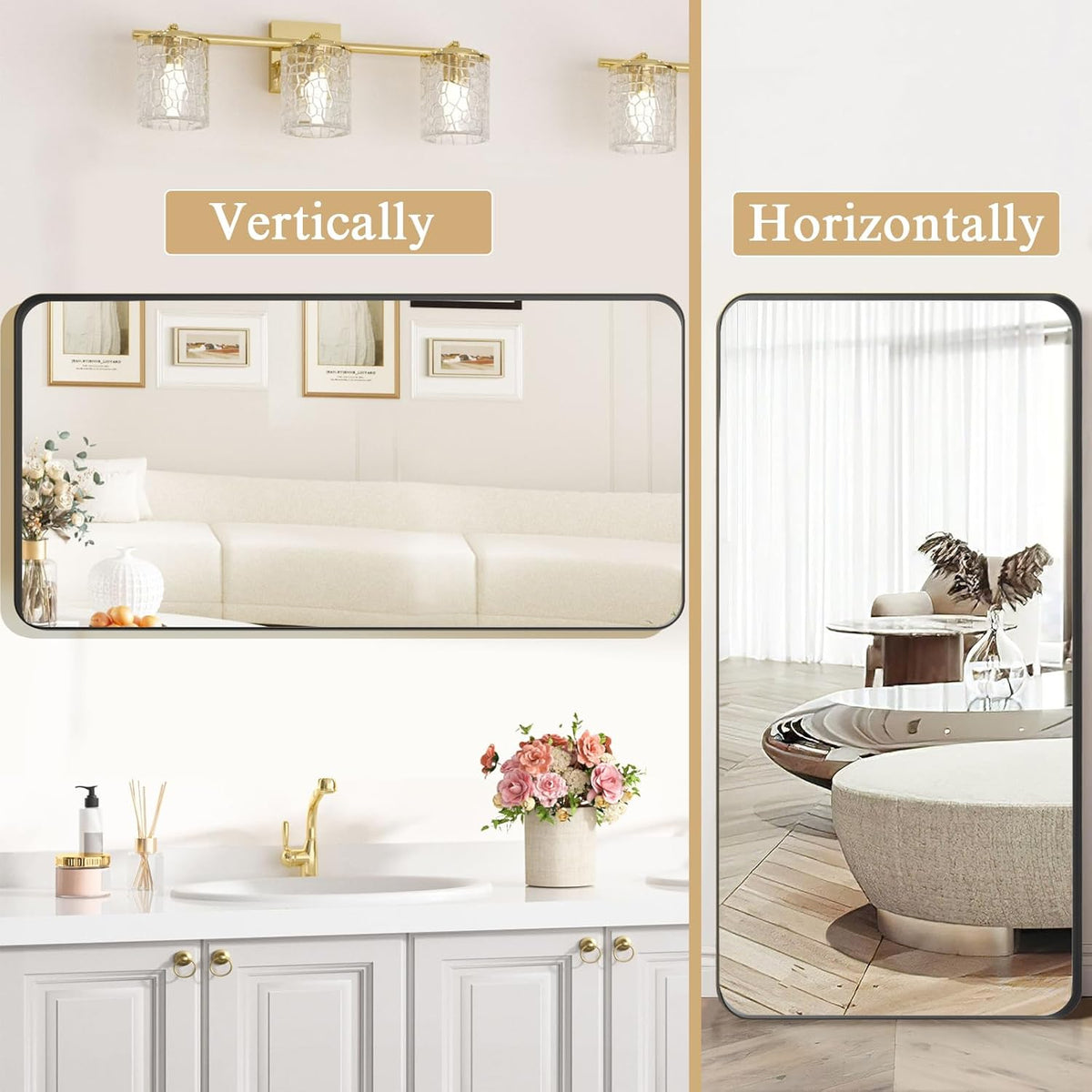 ROOMTEC Gold Bathroom Mirrors for Wall, 20X30 Inch Rounded Rectangle Mirror, Gold Bathroom Vanity Mirror, Metal Framed Wall-Mounted Mirror,Tempered Glass,（Horizontally or Vertically