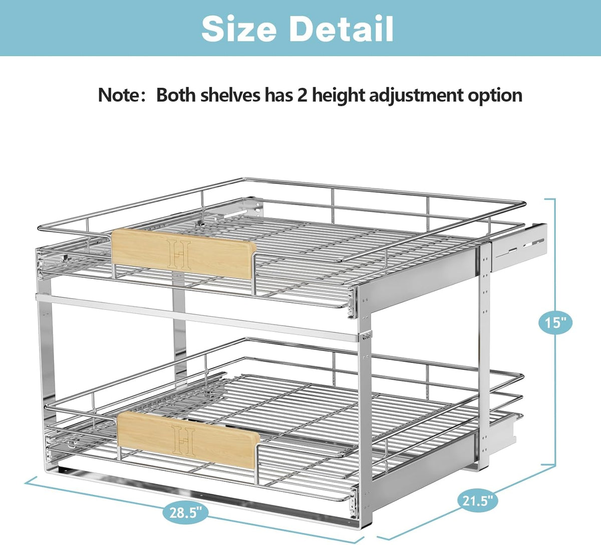 ROOMTEC 2 Tier Pull Out Cabinet Organizer 10½" W x 21½" D, Slide Out Drawers with Wooden Handle, Sliding Shelves Organization and Storage for Kitchen, Pantry