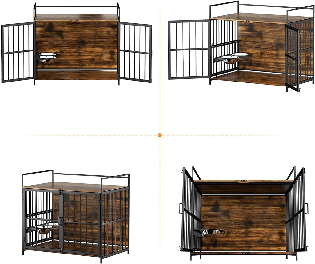 ROOMTEC Furniture Style Large Dog Crate with 360° & Adjustable Raised Feeder for Dogs 2 Stainless Steel Bowls -End Table House Pad, Indoor Use,41" L X 24" W 36" H, Classic Brown