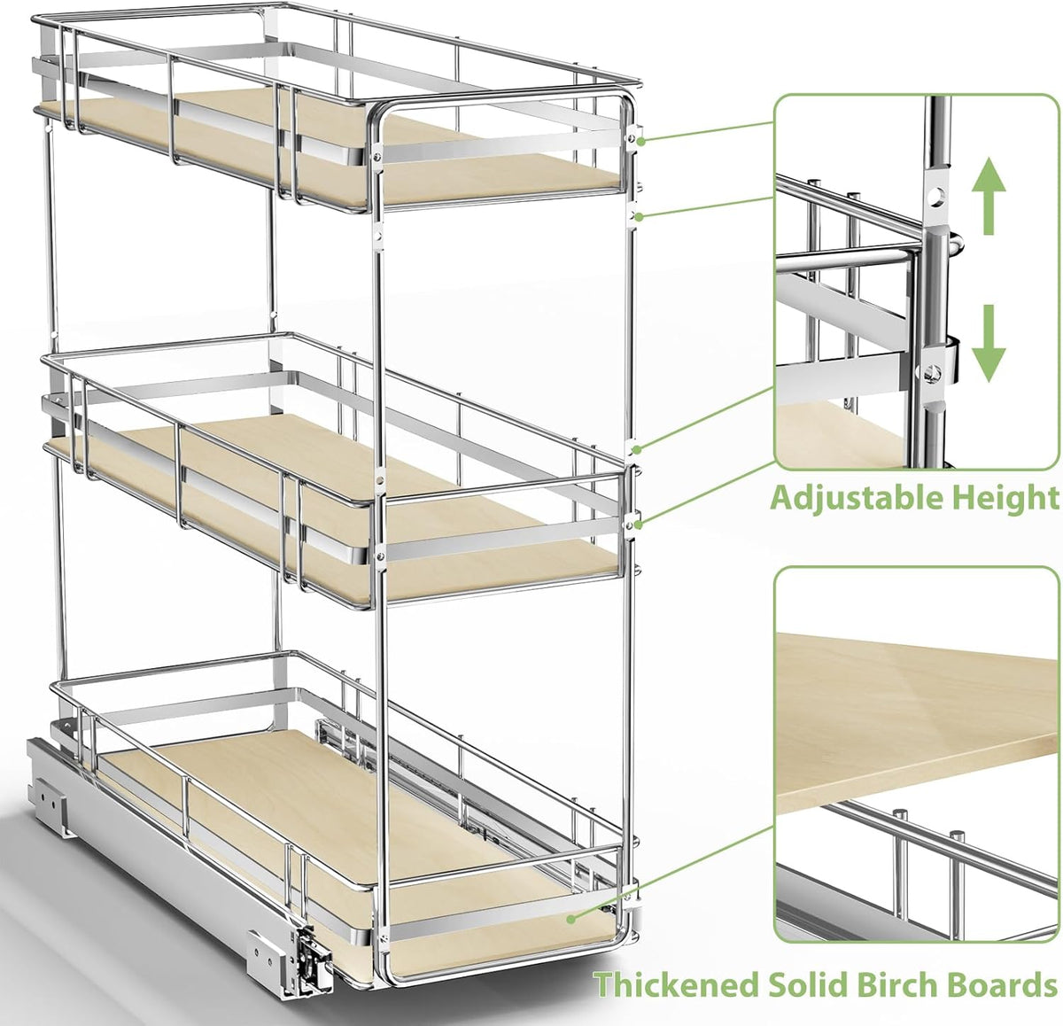 ROOMTEC Pull Out Spice Rack for Narrow Cabinet (5½" W X 21" D),3 Tier Slide Out Cabinet Organizer and Pull Out Shelves Under Cabinet Storage for Kitchen, Chrome