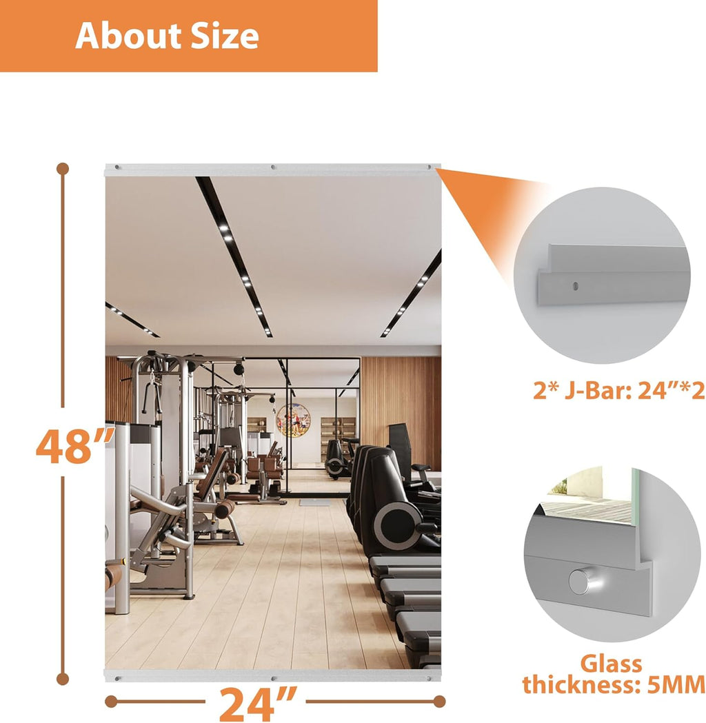 Workout Mirrors for Home Gym 24'x48'', Large Wall Mirror Full Length for Fitness, Yoga, Big Wall Mounted Frameless Glass Mirror for Garage, Dance Studio, Bedroom