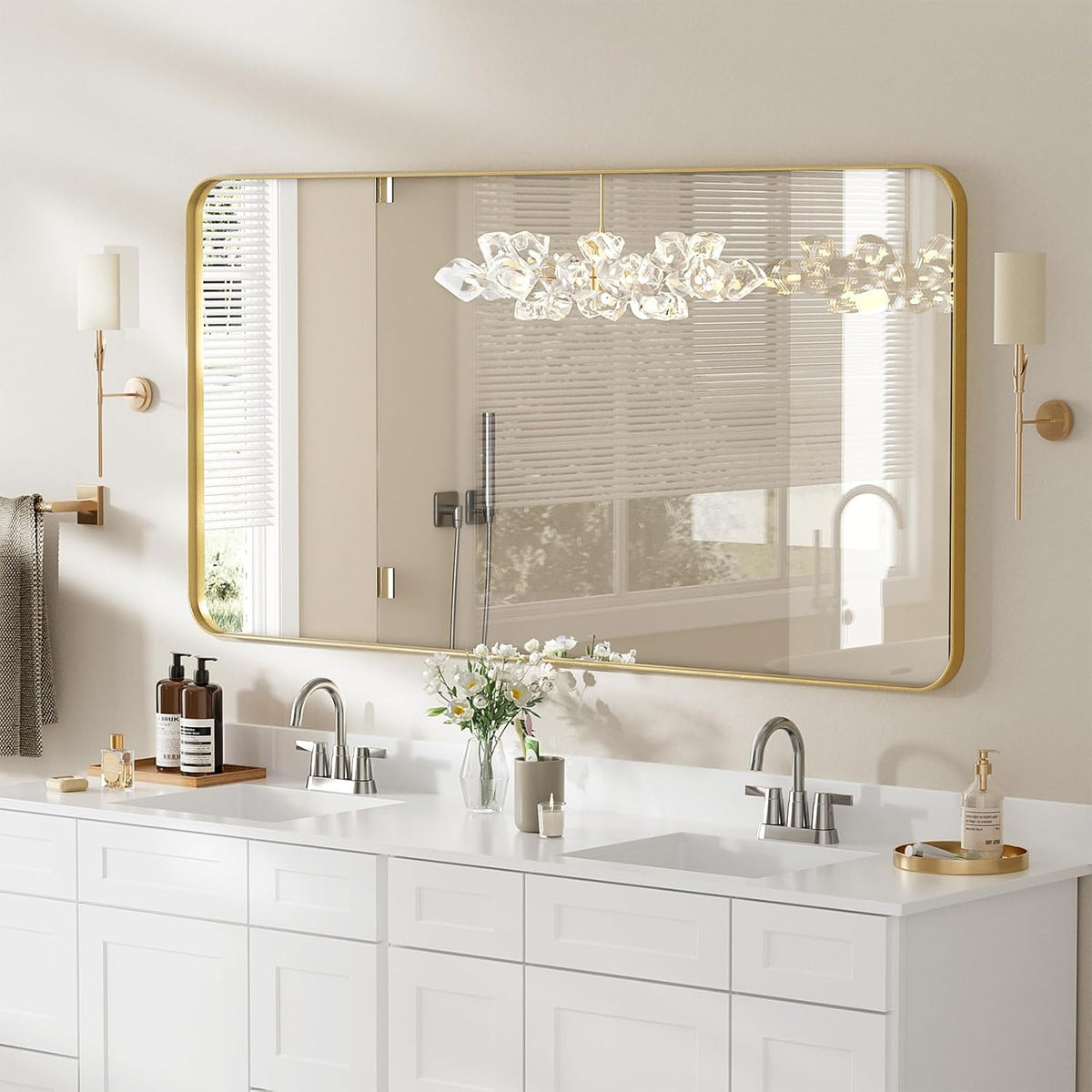 ROOMTEC Gold Bathroom Mirrors for Wall, 20X30 Inch Rounded Rectangle Mirror, Gold Bathroom Vanity Mirror, Metal Framed Wall-Mounted Mirror,Tempered Glass,（Horizontally or Vertically