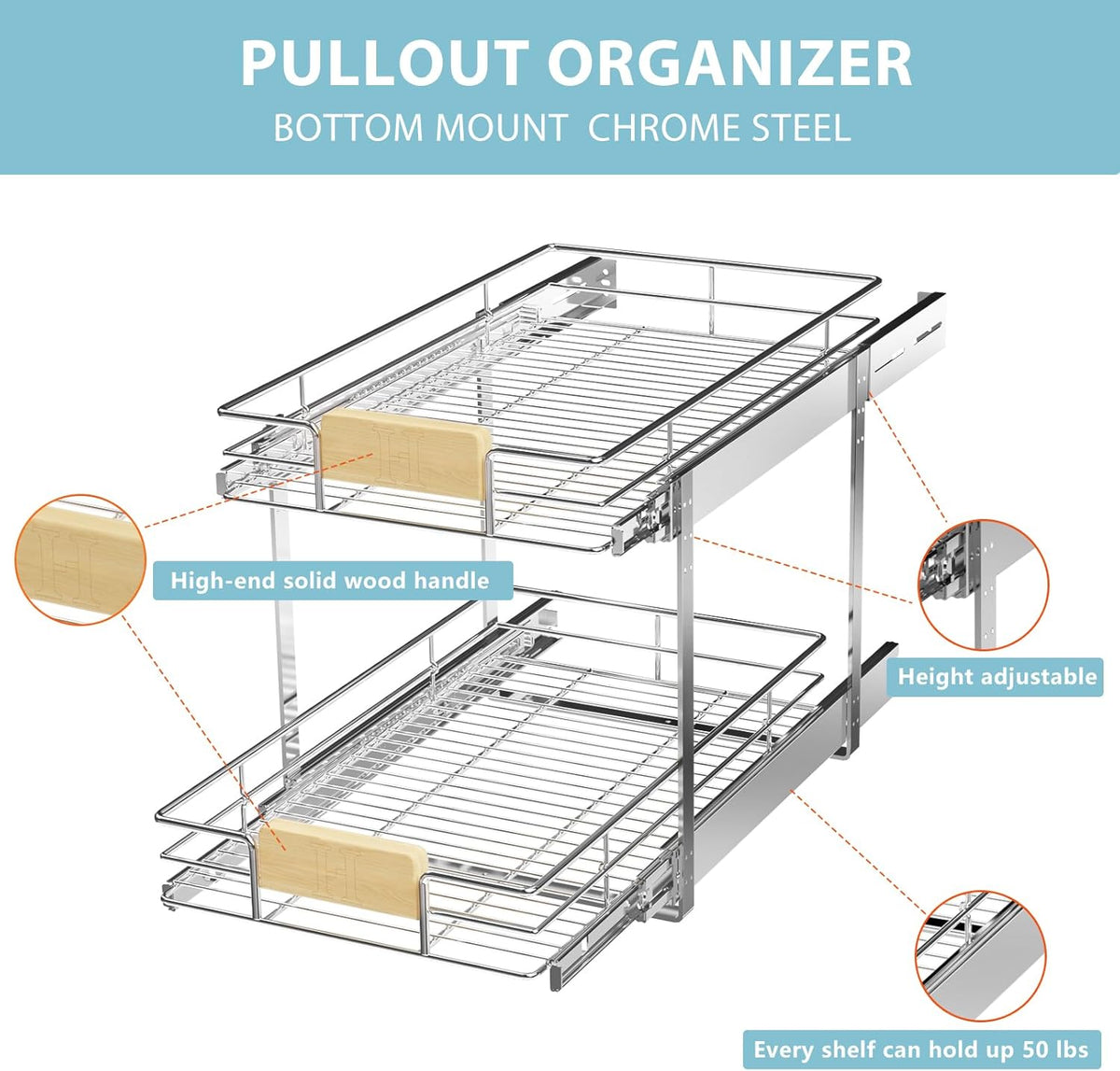 ROOMTEC 2 Tier Pull Out Cabinet Organizer 10½" W x 21½" D, Slide Out Drawers with Wooden Handle, Sliding Shelves Organization and Storage for Kitchen, Pantry