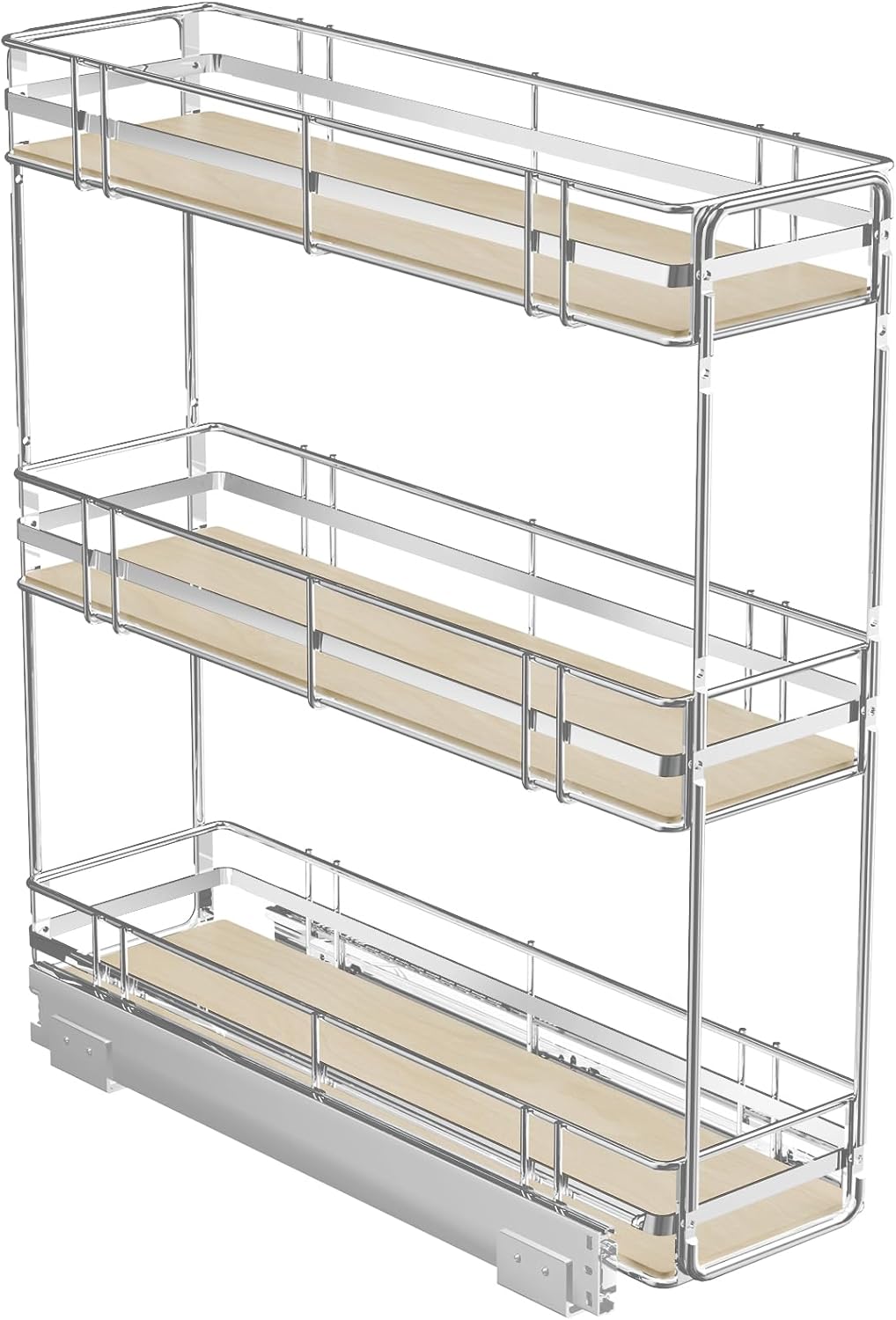 ROOMTEC 3-Tier Pull Out Cabinet Organizer Spice Rack for Narrow Cabinet Slide Out Wood Shelves Storage for Kitchen