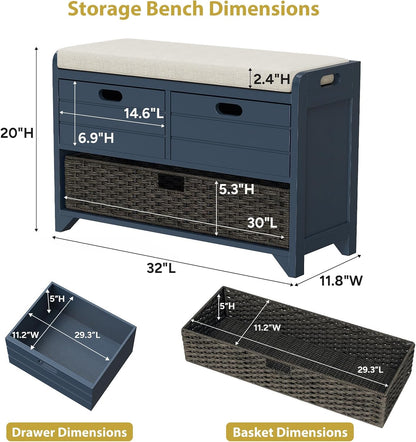 ROOMTEC 32" Storage Bench for Entryway, Shoe Bench with Storage Removable Basket and 2 Drawers, Entryway Bench with Shoe Storage, Entryway Storage for Living Room, Navy