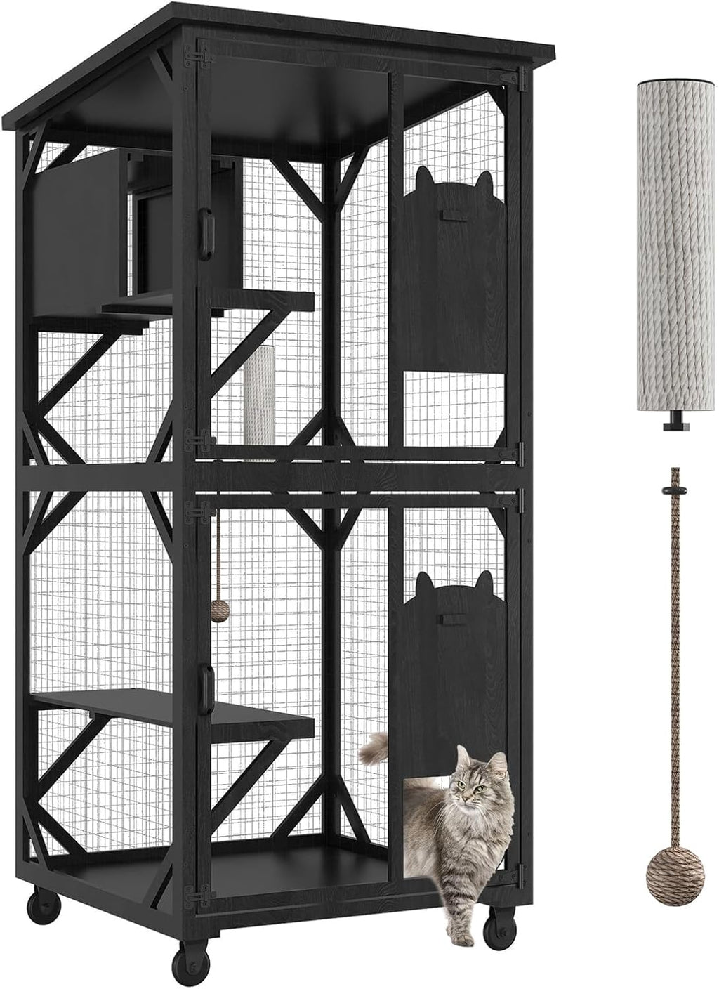 ROOMTEC Catio Outdoor Cat Enclosure with Roof 71" Height Large Cat House Cat Wooden Cage with 3 Jumping Platforms and 1 Napping Houses for Cat Activity (Grey)