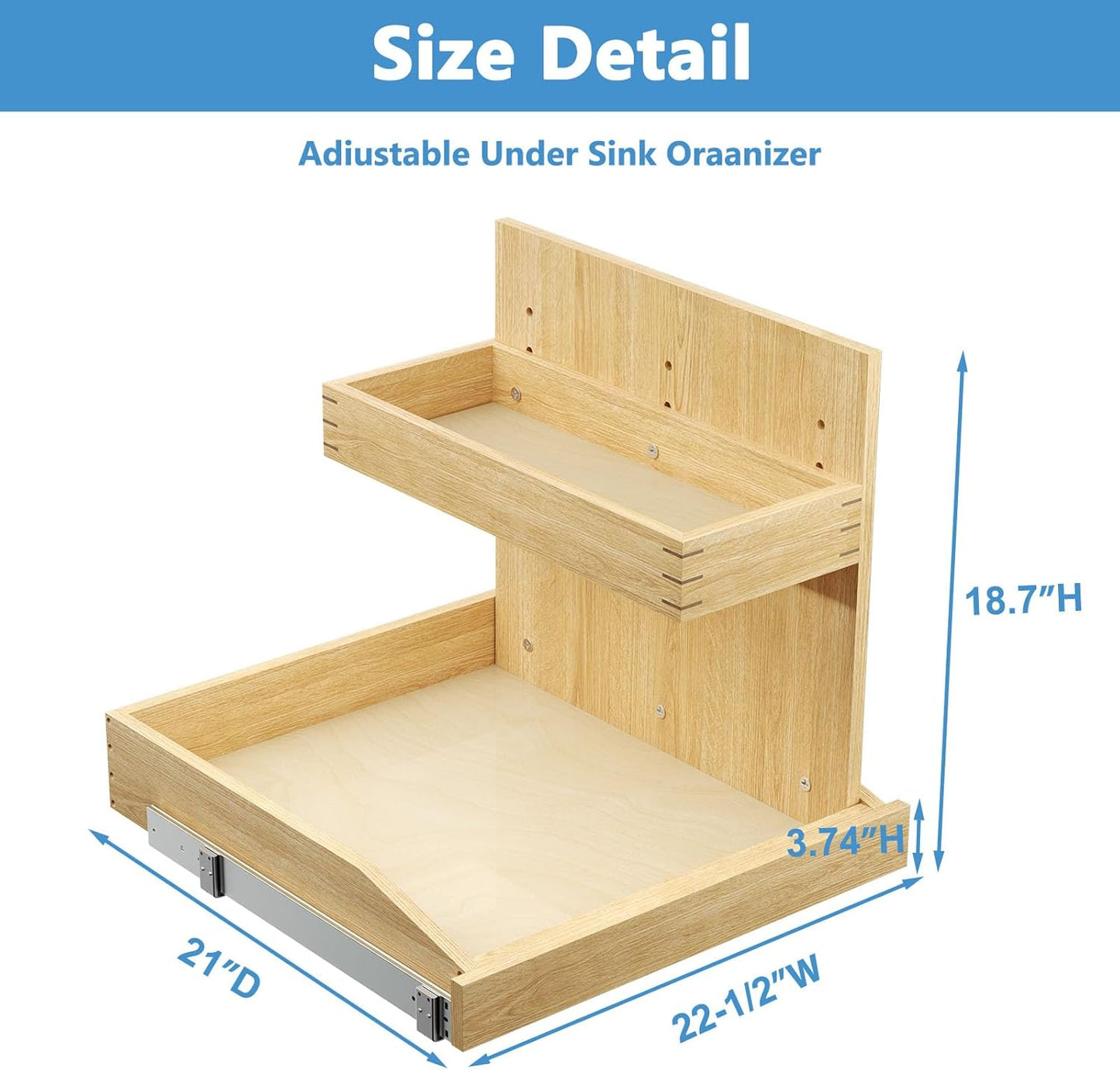 ROOMTEC Under Sink Organizers and Storage 22½” W x 21” D, 2 Tier Pull Out Cabinet Organizer with U Bracket, Adjustable Pull Out Cabinet organizer for Bathroom Kitchen(Right)