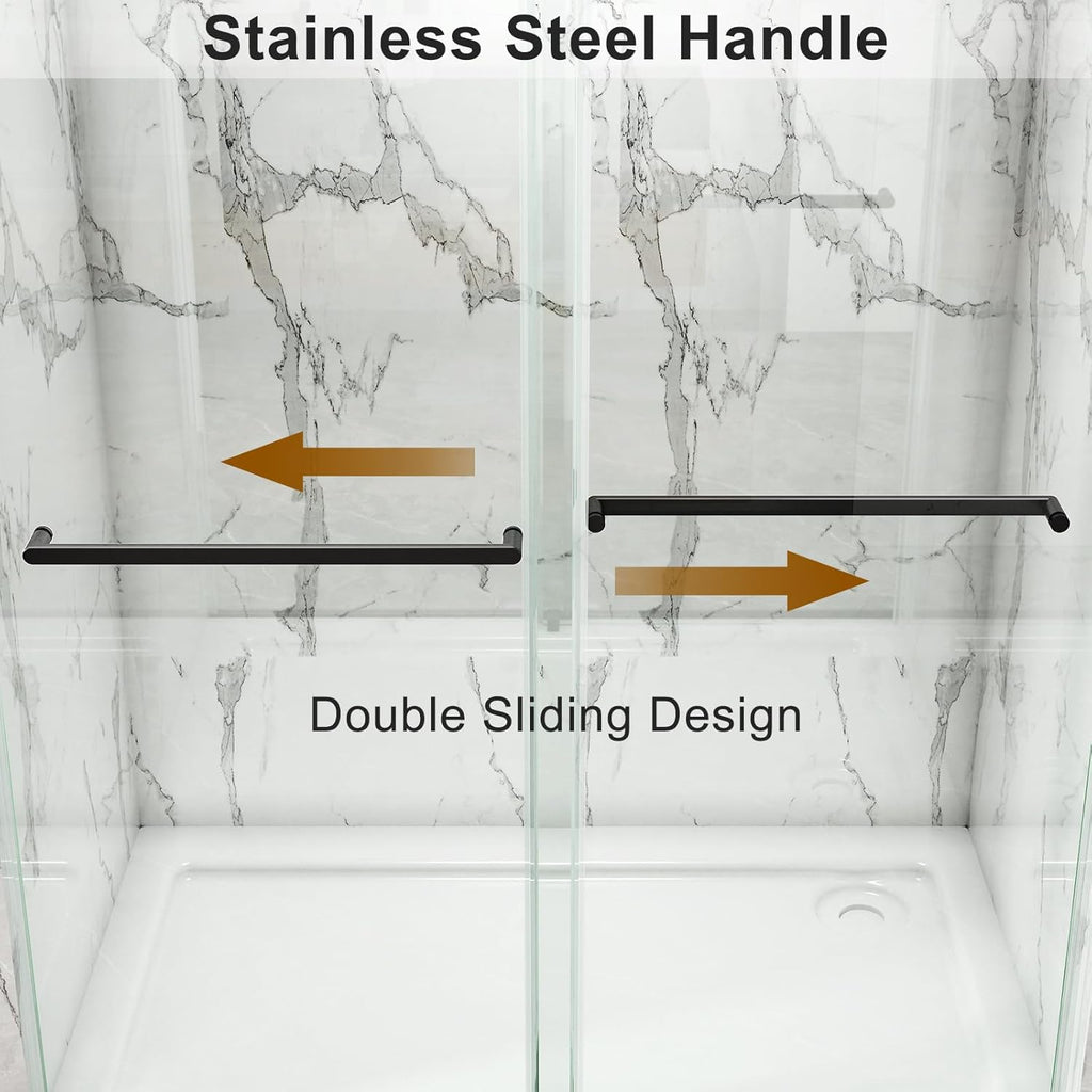 ROOMTEC 56 to 60'' W x 76'' H Frameless Shower Door, Double Sliding Shower Door with Premium 3/8'' (10mm) Thick Tempered Glass, Stainless Steel, Matte Black