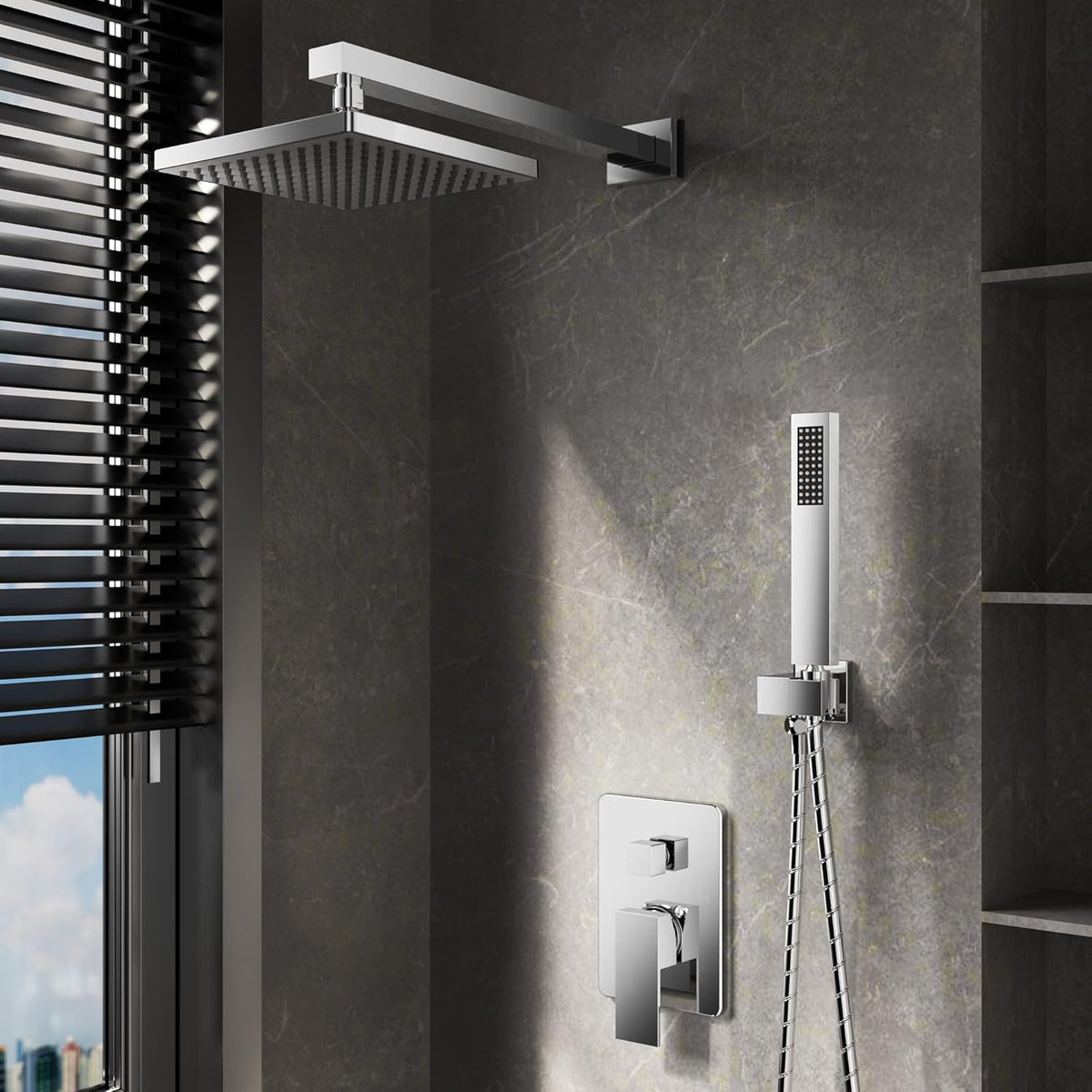 ROOMTEC Rainfall Shower System High Pressure 8 inch Shower Head Hand Held Shower Head Bathroom Luxury Rain Mixer Shower Complete Combo Set Wall Mounted, Chrome (Valve Included)