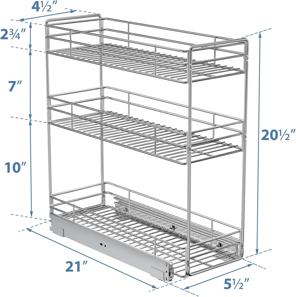 ROOMTEC Pull Out Spice Rack for Narrow Cabinet (5½" W X 21" D),3 Tier Slide Out Cabinet Organizer and Pull Out Shelves Under Cabinet Storage for Kitchen, Chrome