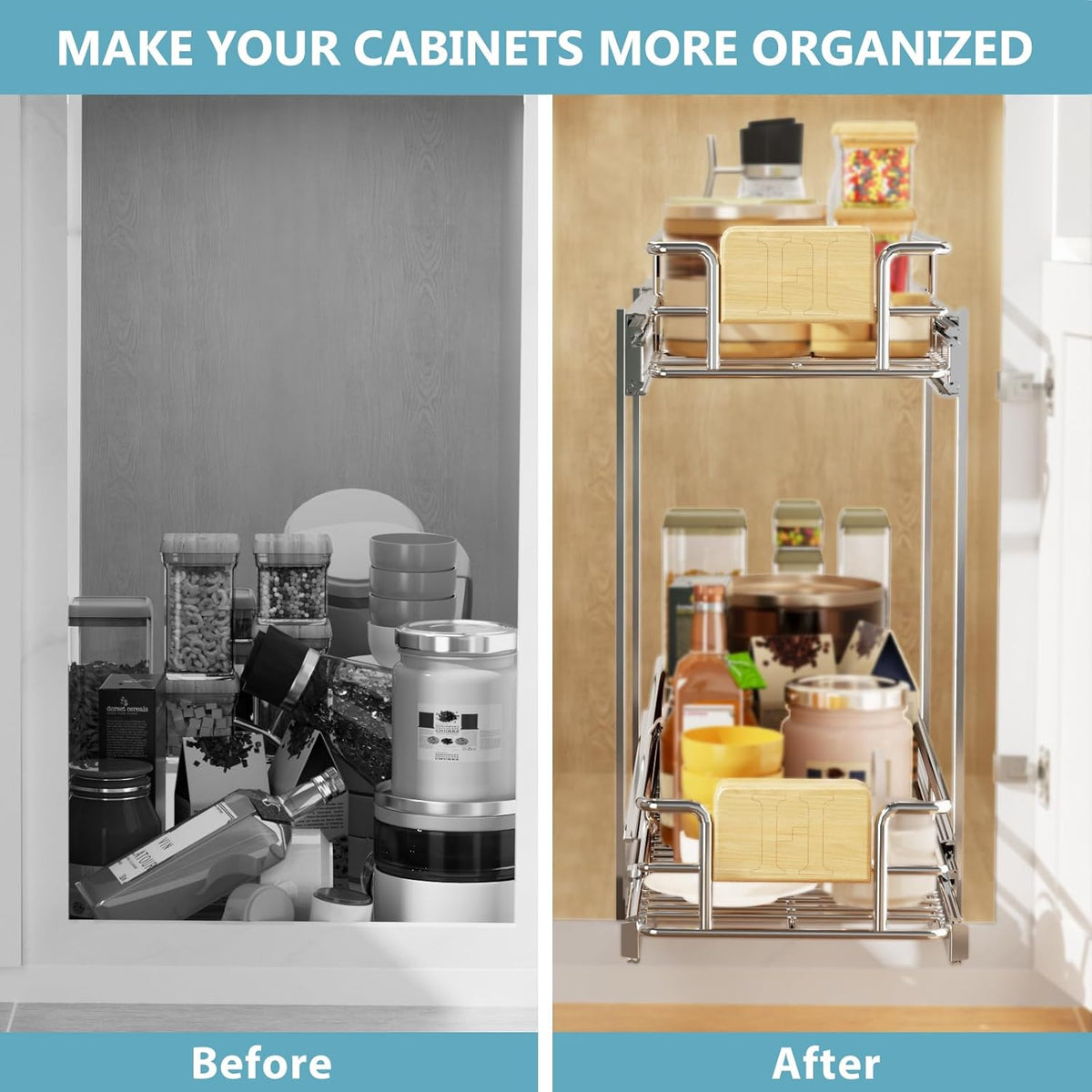 ROOMTEC  2 Tier Pull Out Cabinet Organizer 10½" W x 21½" D, Slide Out Drawers with Wooden Handle, Sliding Shelves Organization and Storage for Kitchen, Pantry