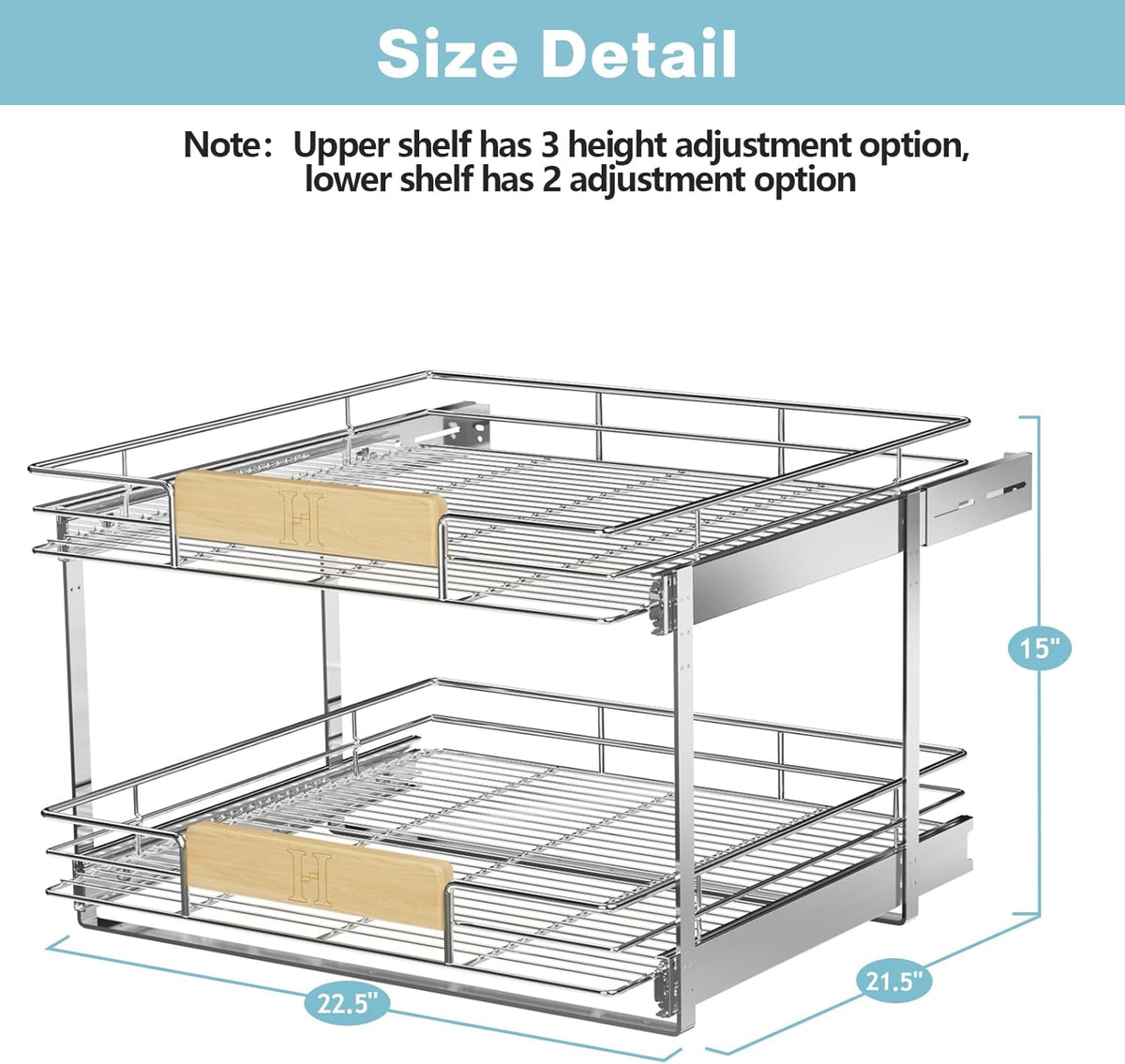 ROOMTEC  2 Tier Pull Out Cabinet Organizer 10½" W x 21½" D, Slide Out Drawers with Wooden Handle, Sliding Shelves Organization and Storage for Kitchen, Pantry