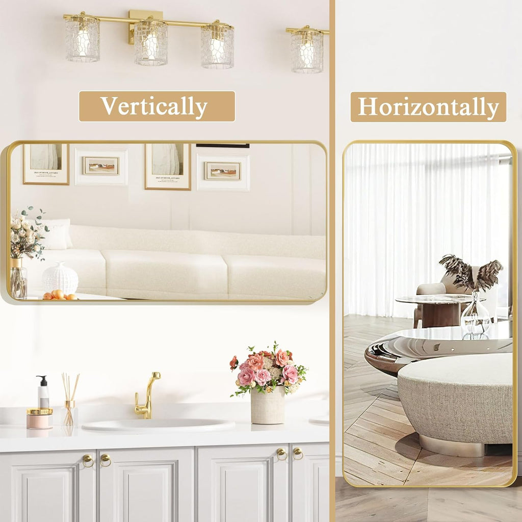 ROOMTEC Gold Bathroom Mirrors for Wall, 20X30 Inch Rounded Rectangle Mirror, Gold Bathroom Vanity Mirror, Metal Framed Wall-Mounted Mirror,Tempered Glass,（Horizontally or Vertically