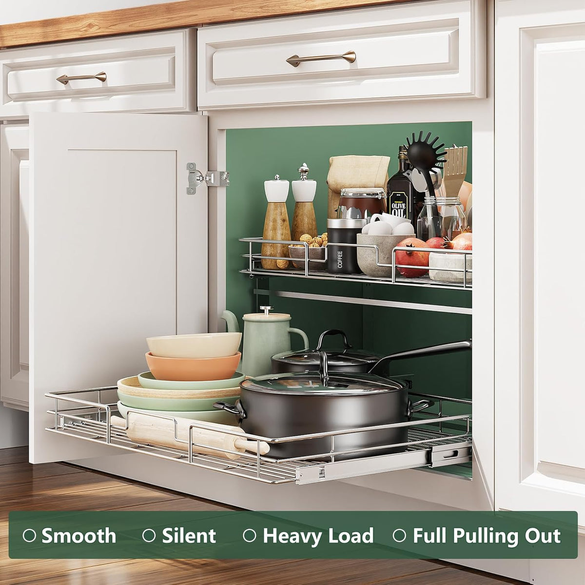 ROOMTEC 2 Tier Individual Pull Out Cabinet Organizer 30" W x 21½" D, Slide Out Kitchen Cabinet Storage Sliding Shelves