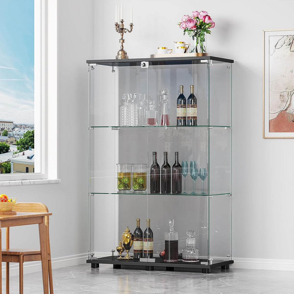 ROOMTEC Glass Display Cabinet with 3 Shelves,Double Doors, Floor Standing Display Cage, for Living Room Bedroom Office, 49.49 x 31.77 x 14.37 in, Black