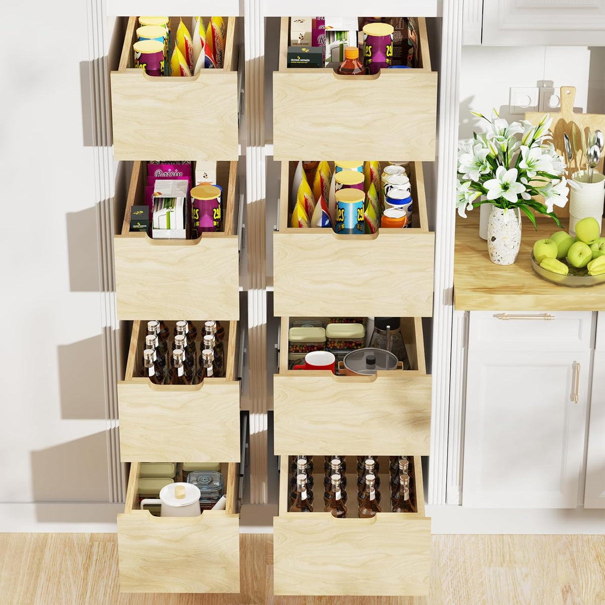 ROOMTEC Pull Out Cabinet Organizer with Full Extension Rail Slides, Wooden Pull Out Shelf for Kitchen Cabinet Pantry, 8" High Pull Out Drawer Storage Organizer with U Bracket, 10½"W×21" D, Hard Close