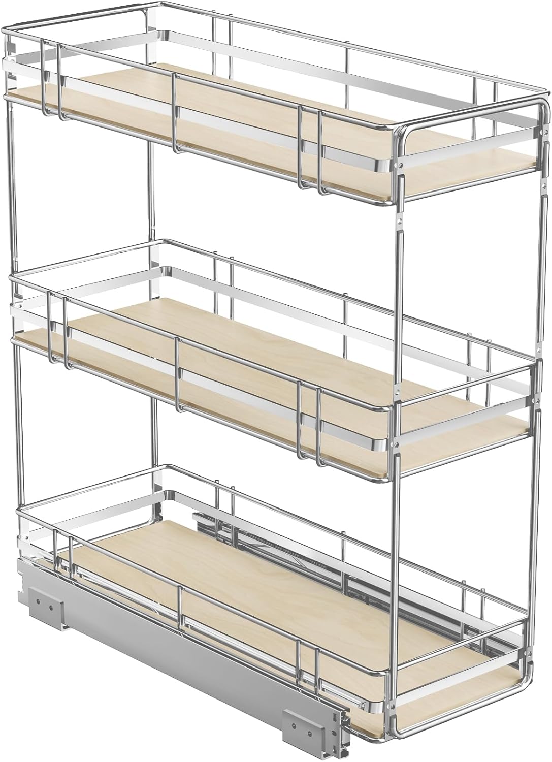 ROOMTEC 3-Tier Pull Out Cabinet Organizer Spice Rack for Narrow Cabinet Slide Out Wood Shelves Storage for Kitchen