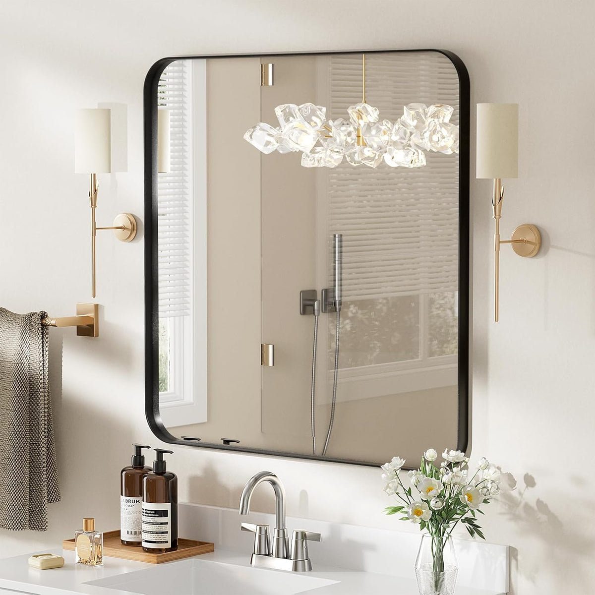ROOMTEC Gold Bathroom Mirrors for Wall, 20X30 Inch Rounded Rectangle Mirror, Gold Bathroom Vanity Mirror, Metal Framed Wall-Mounted Mirror,Tempered Glass,（Horizontally or Vertically