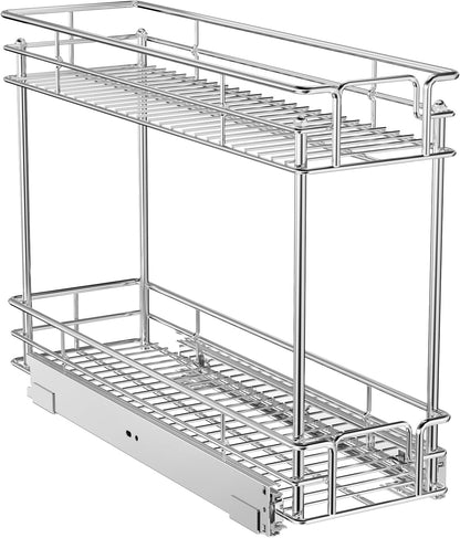 ROOMTEC Pull Out Spice Rack for Narrow Cabinet (5½" W X 21" D),2 Tier Slide Out Cabinet Organizer and Pull Out Shelves Under Cabinet Storage for Kitchen, Chrome