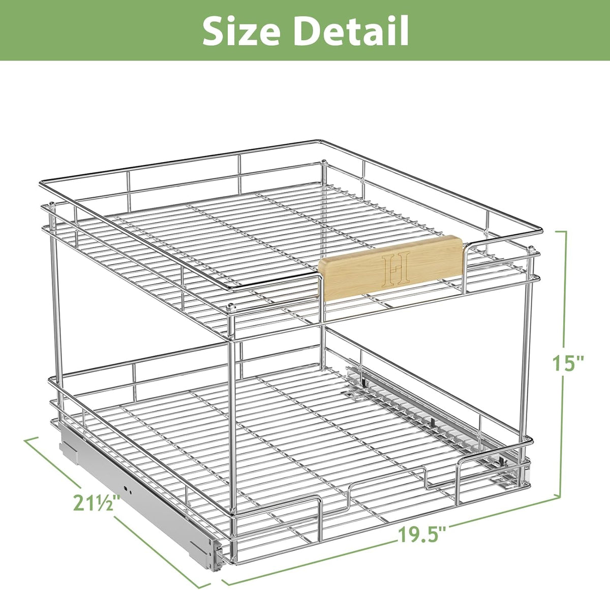 ROOMTEC Pull Out Cabinet Organizer With Wooden Handle 10½" W x 21½" D 2-Tier Cabinet Drawer Pull Out Shelves Under Cabinet Storage for Kitchen