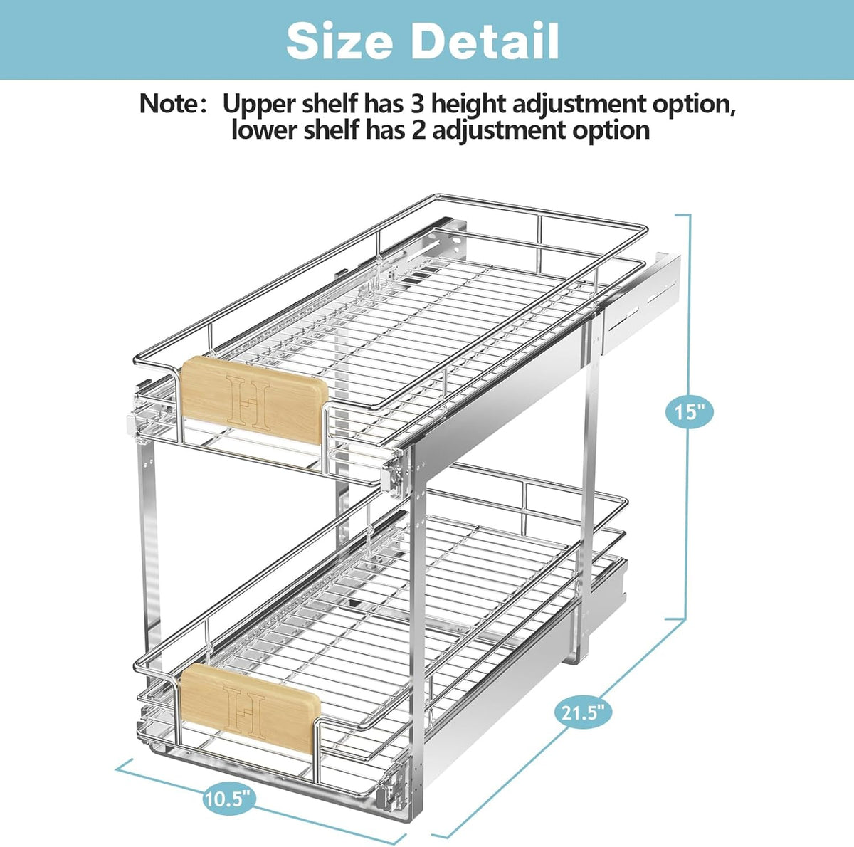 ROOMTEC 2 Tier Pull Out Cabinet Organizer 10½" W x 21½" D, Slide Out Drawers with Wooden Handle, Sliding Shelves Organization and Storage for Kitchen, Pantry