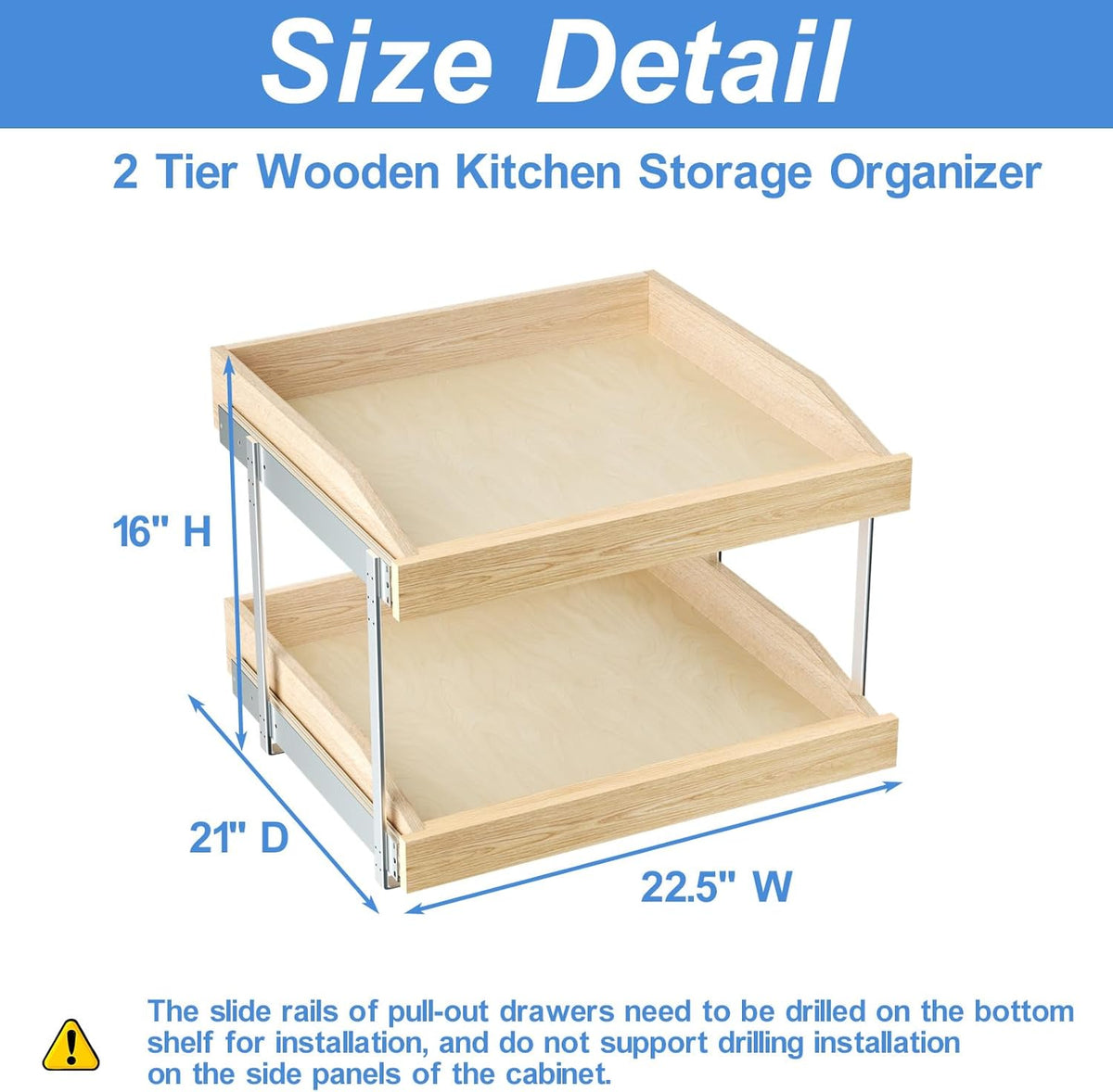 ROOMTEC 2 Tier Pull Out Cabinet Organizer, Double Tier Slide Out Wood Cabinet Organizer with U Bracket, Pull Out Drawers for Base Cabinet Organization in Kitchen, Pantry(13½"W x 21" D)