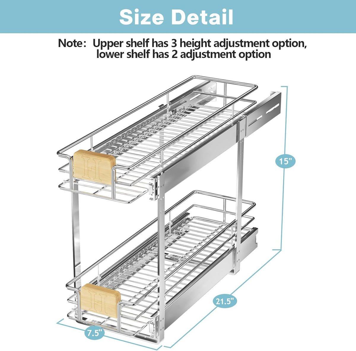 ROOMTEC 2 Tier Pull Out Cabinet Organizer 10½" W x 21½" D, Slide Out Drawers with Wooden Handle, Sliding Shelves Organization and Storage for Kitchen, Pantry