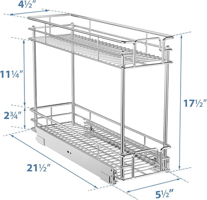 ROOMTEC Pull Out Spice Rack for Narrow Cabinet (5½" W X 21" D),2 Tier Slide Out Cabinet Organizer and Pull Out Shelves Under Cabinet Storage for Kitchen, Chrome