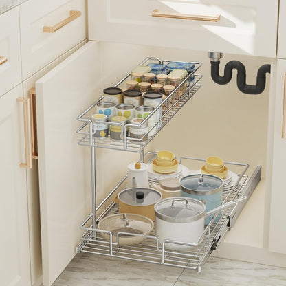 ROOMTEC 2 Tier Pull Out Cabinet Organizer 10.5" W x 21.5" D Slide Out Under Sink Organizer Sliding Wire Shelves Storage for Kitchen Bathroom Cabinets