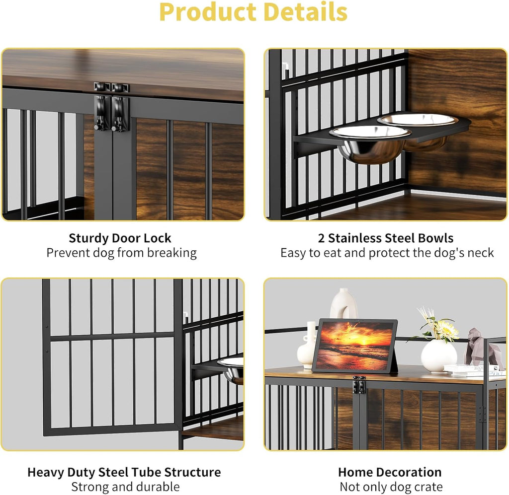 ROOMTEC Furniture Style Large Dog Crate with 360° & Adjustable Raised Feeder for Dogs 2 Stainless Steel Bowls -End Table House Pad, Indoor Use,41" L X 24" W 36" H, Classic Brown