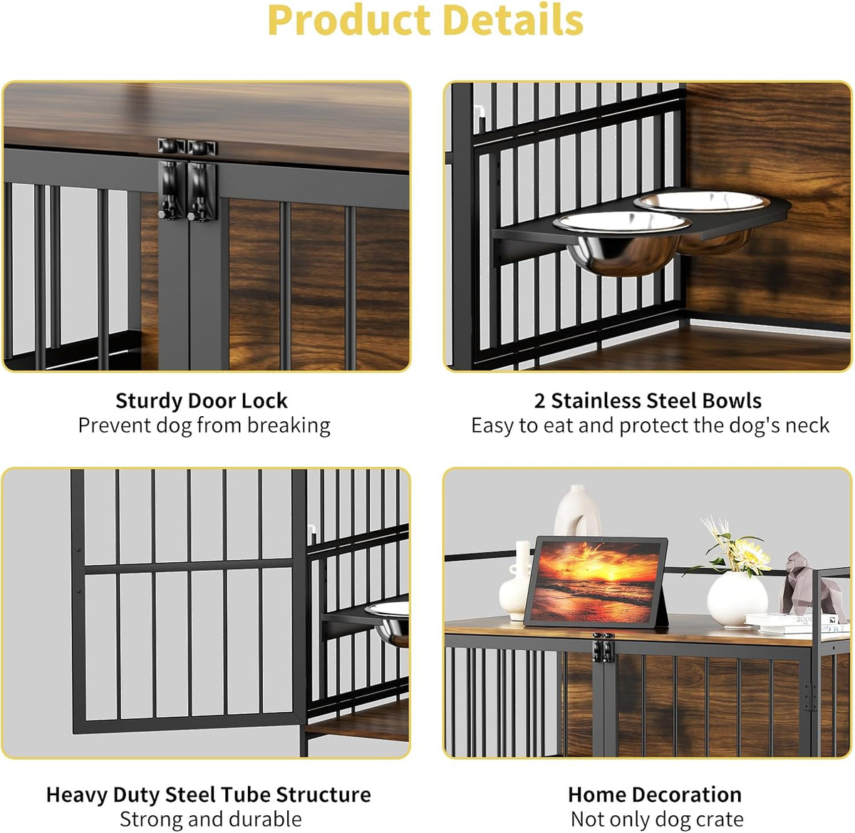 ROOMTEC Furniture Style Large Dog Crate with 360° & Adjustable Raised Feeder for Dogs 2 Stainless Steel Bowls -End Table House Pad, Indoor Use,41" L X 24" W 36" H, Classic Brown