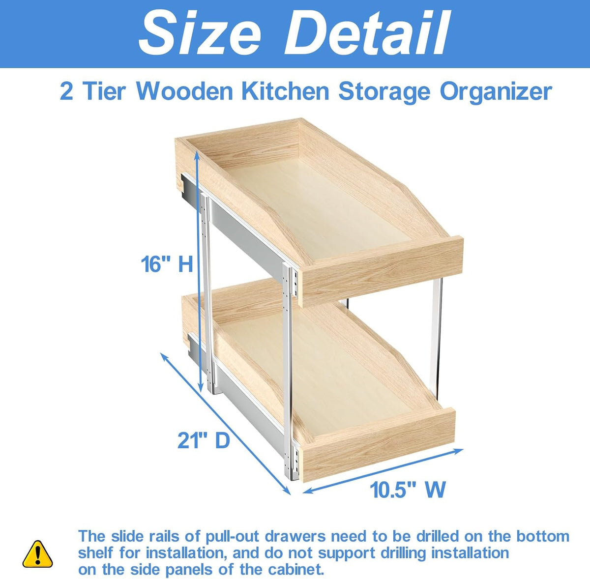 ROOMTEC 2 Tier Pull Out Cabinet Organizer, Double Tier Slide Out Wood Cabinet Organizer with U Bracket, Pull Out Drawers for Base Cabinet Organization in Kitchen, Pantry(13½"W x 21" D)