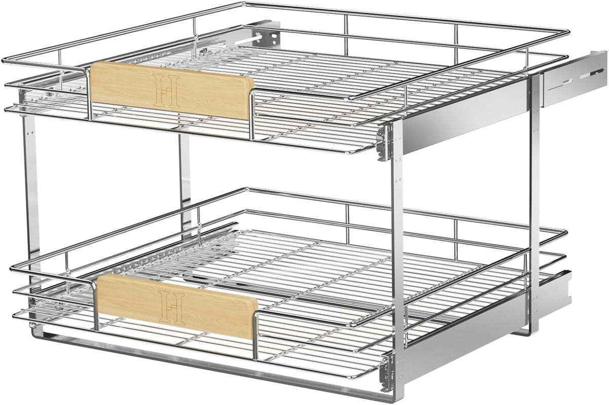 ROOMTEC  2 Tier Pull Out Cabinet Organizer 10½" W x 21½" D, Slide Out Drawers with Wooden Handle, Sliding Shelves Organization and Storage for Kitchen, Pantry